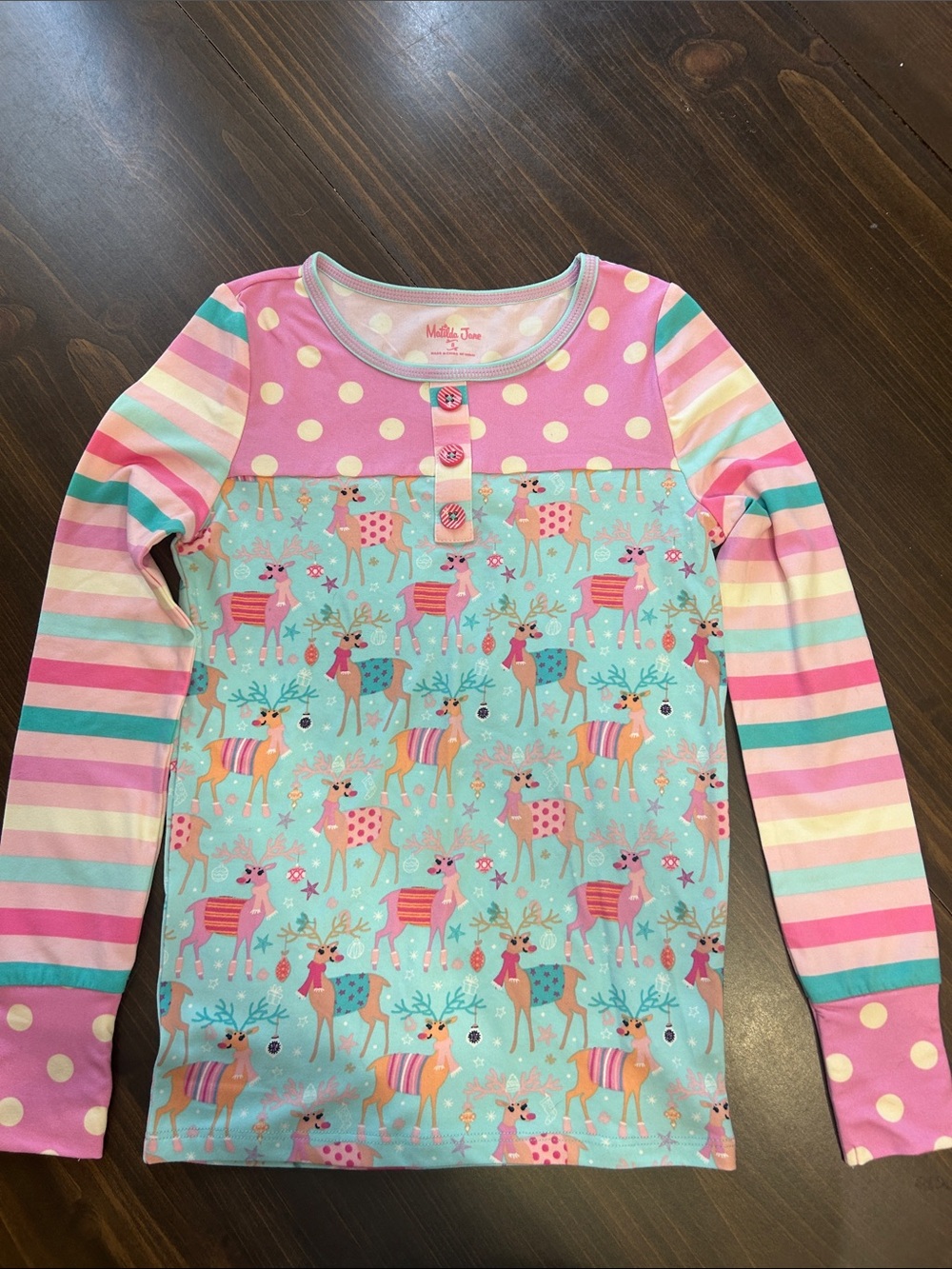 Matilda Jane Pink & Aqua Reindeer Stripe Pajama Top size 8